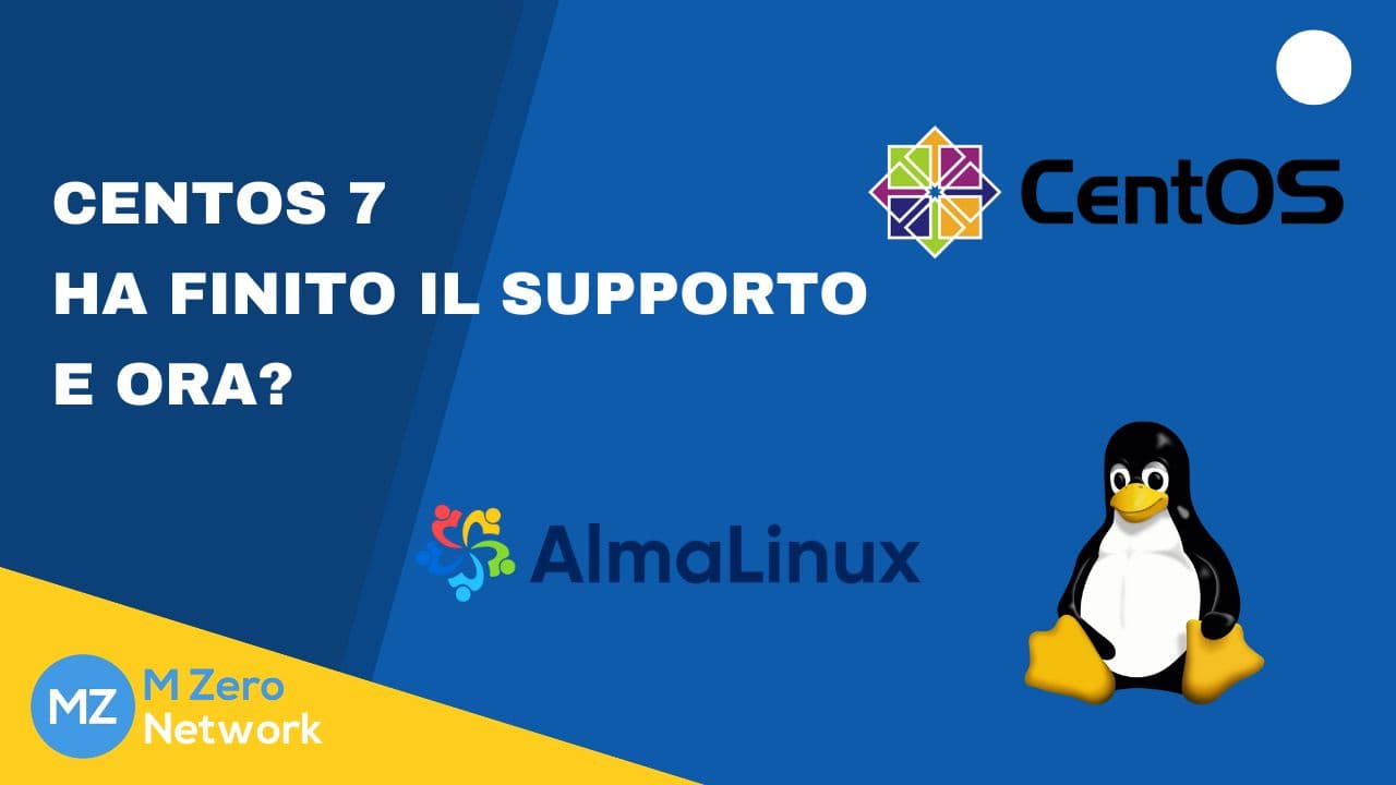 Copertina «CentOS 7 ha finito il supporto, e ora?», con i loghi CentOS e AlmaLinux e il pinguino Tux