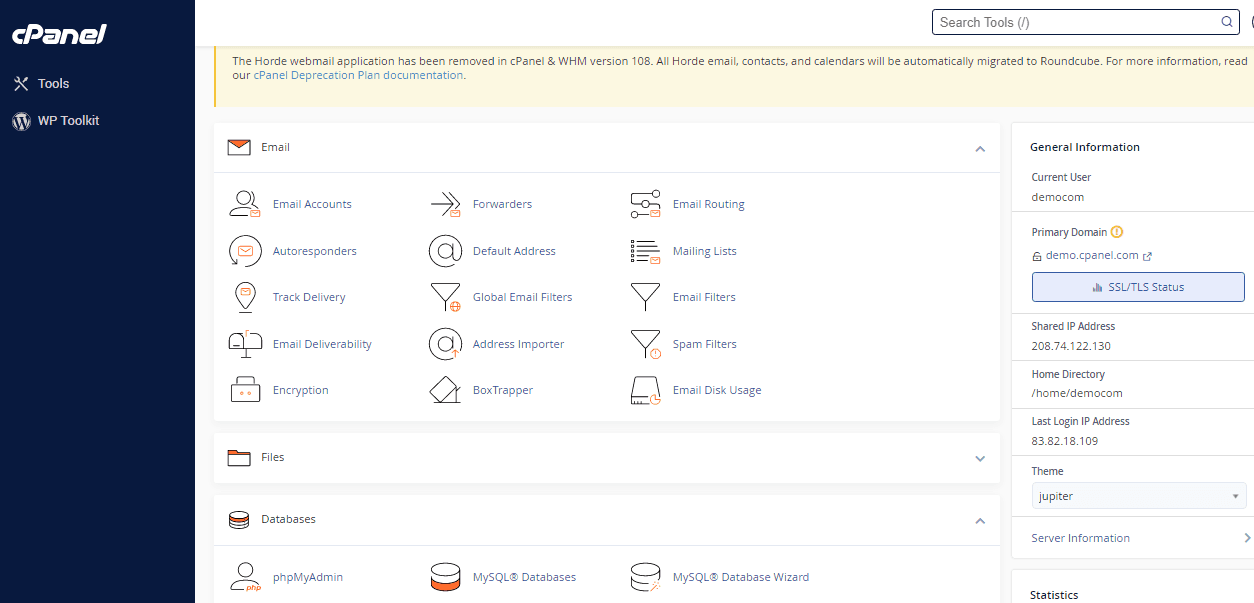 Interfaccia di cPanel con la sezione Email aperta e il pannello delle informazioni generali sulla destra