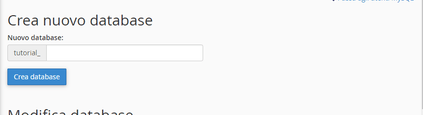 Schermata «Crea nuovo database» di cPanel, con il campo del nome preceduto dal prefisso «tutorial_»