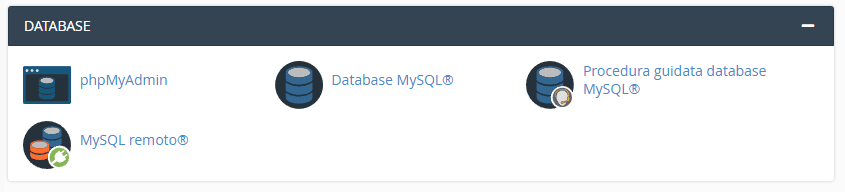 Sezione Database di cPanel con le icone phpMyAdmin, Database MySQL, Procedura guidata database MySQL e MySQL remoto