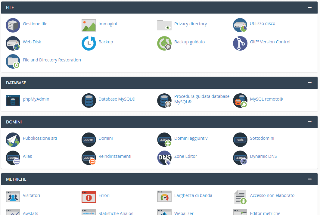 Schermata iniziale di cPanel con le sezioni File, Database, Domini e Metriche e le relative icone
