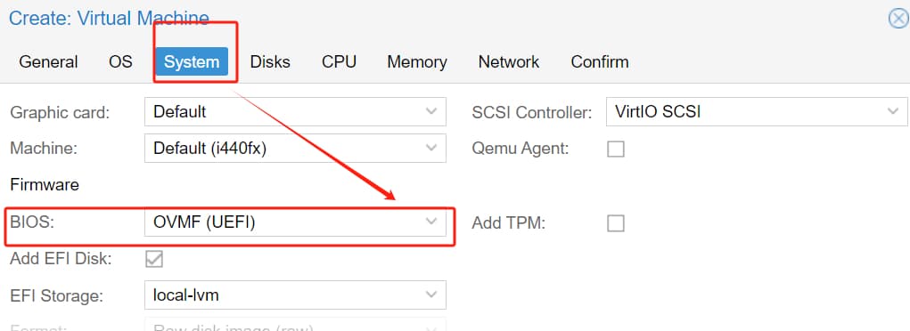 Creazione di una macchina virtuale in Proxmox, scheda System, con il BIOS impostato su OVMF (UEFI)