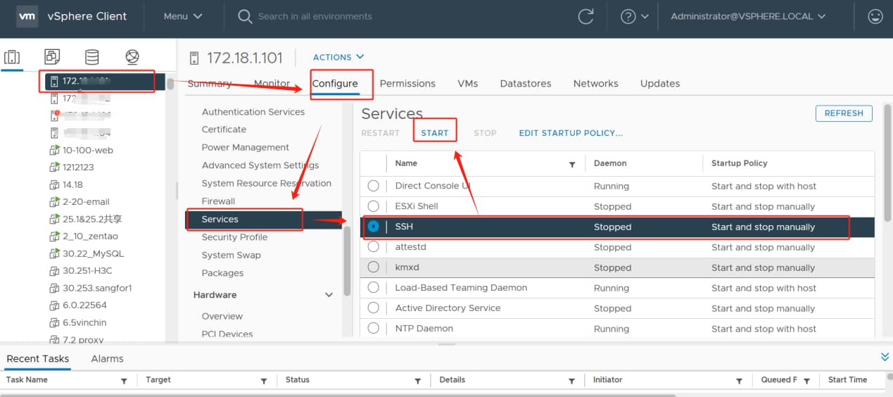 vSphere Client: pagina Services dell’host con il servizio SSH selezionato e il pulsante Start evidenziato