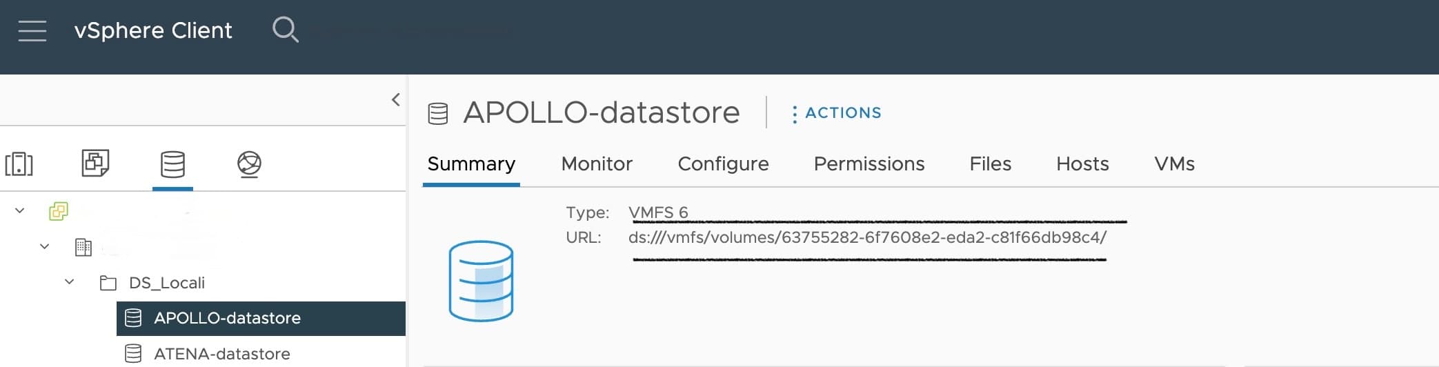 vSphere Client: riepilogo del datastore APOLLO-datastore, di tipo VMFS 6, con il relativo URL