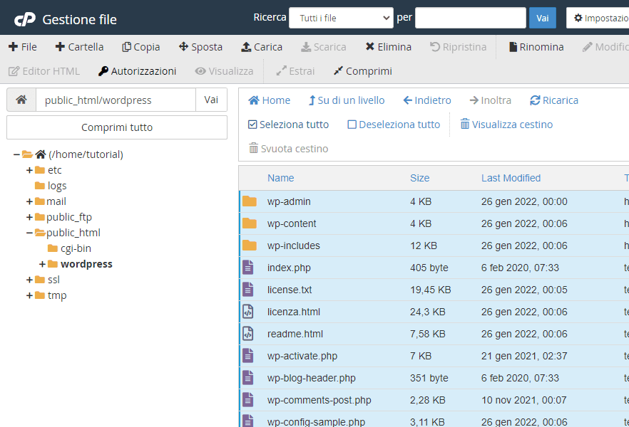 Gestione file di cPanel con tutti i file di WordPress elencati dentro public_html/wordpress