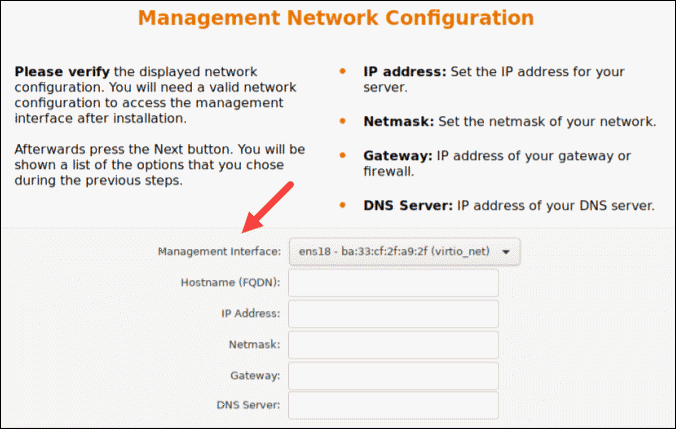 Installer di Proxmox: configurazione della rete di gestione con interfaccia, hostname, indirizzo IP, netmask, gateway e DNS