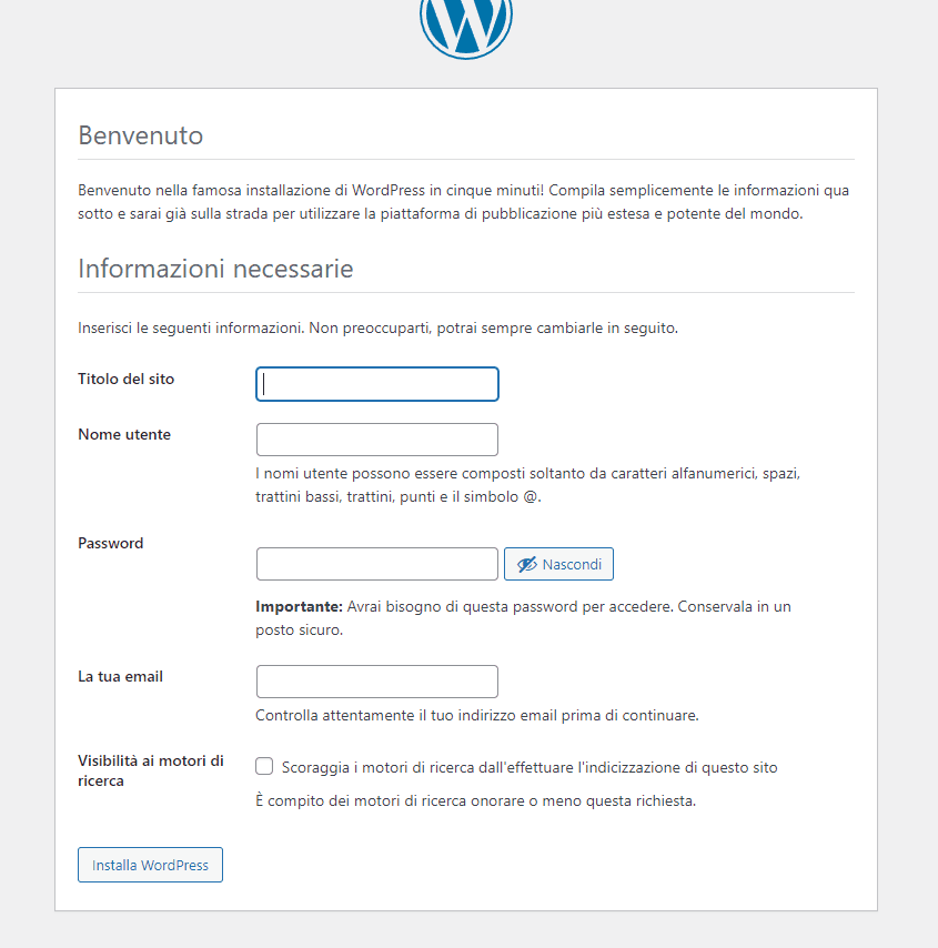 Modulo «Informazioni necessarie» di WordPress: titolo del sito, nome utente, password, email e visibilità ai motori di ricerca