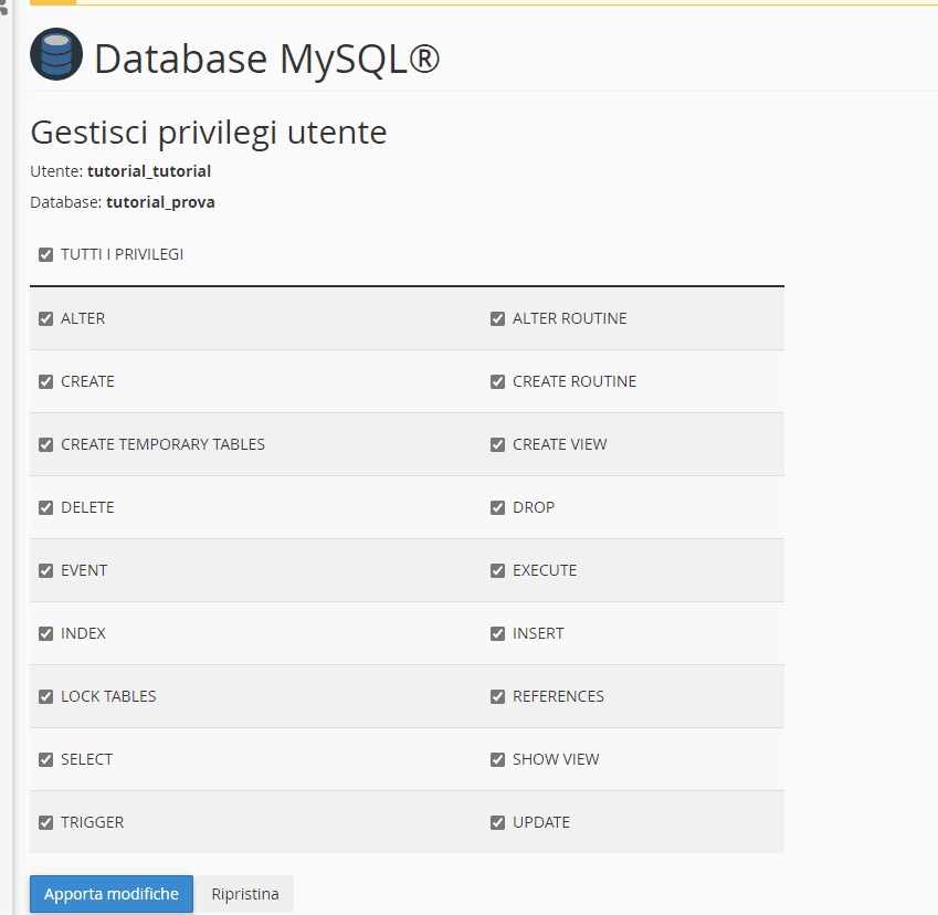 Schermata «Gestisci privilegi utente» di cPanel con tutte le caselle dei privilegi MySQL selezionate