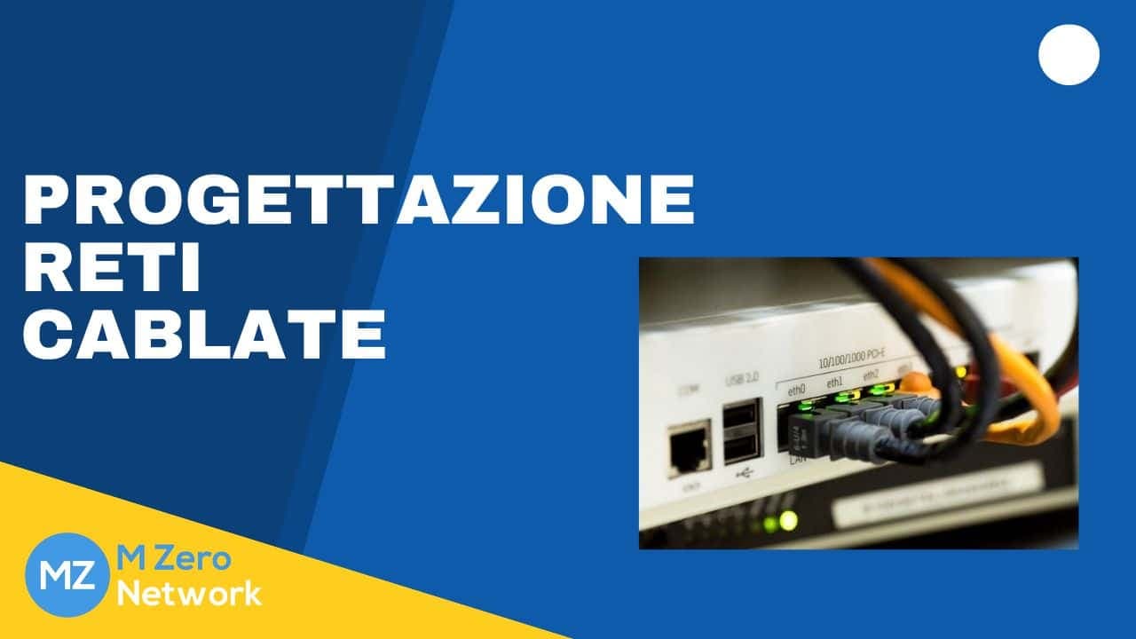 Copertina «Progettazione reti cablate», con la foto di cavi di rete collegati a uno switch