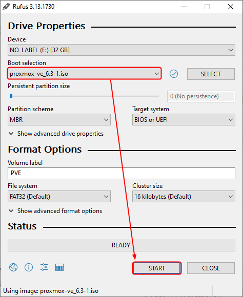 Finestra di Rufus con l’immagine ISO di Proxmox VE selezionata e una freccia che indica il pulsante START
