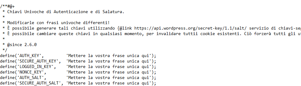 Porzione di wp-config.php con le chiavi univoche di autenticazione e di salatura da sostituire