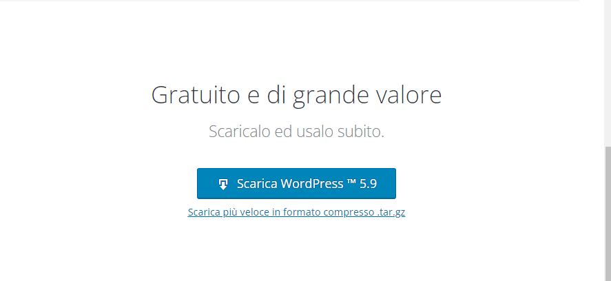 Pagina di download di WordPress con il pulsante «Scarica WordPress 5.9» e il link alla versione compressa .tar.gz