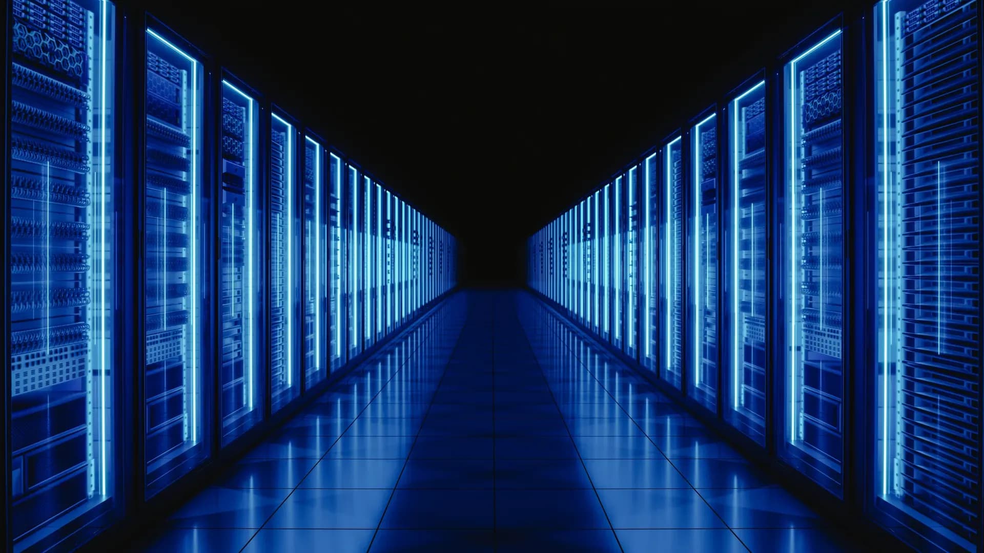 Corridoio di armadi server illuminati di blu