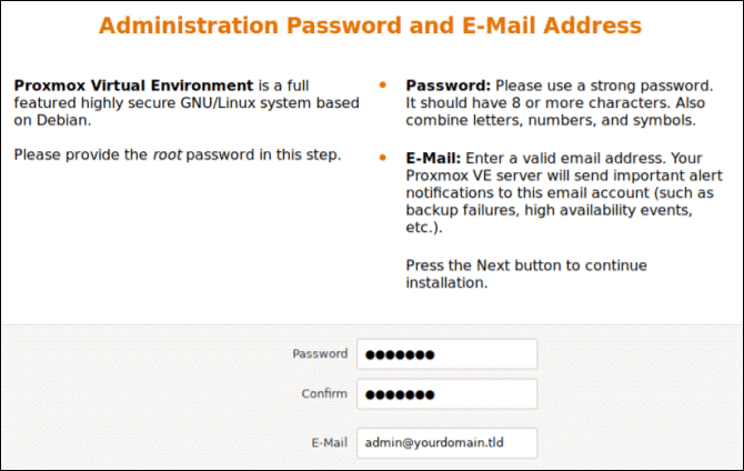 Installer di Proxmox: impostazione della password di root e dell’indirizzo email per le notifiche