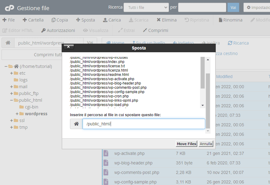 Finestra «Sposta» di cPanel con l’elenco dei file di WordPress e il percorso di destinazione /public_html