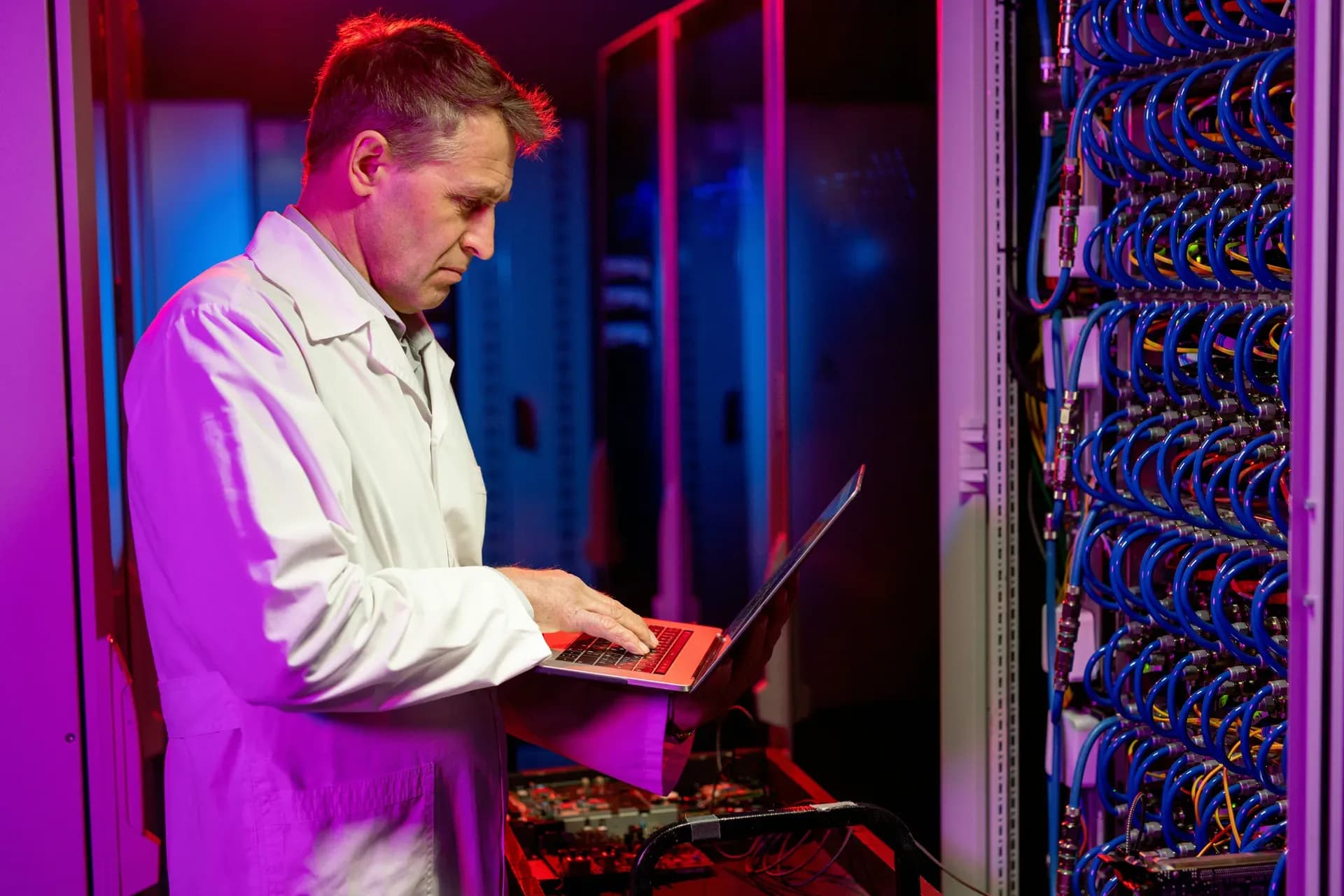 Tecnico con un laptop davanti agli armadi di una sala server