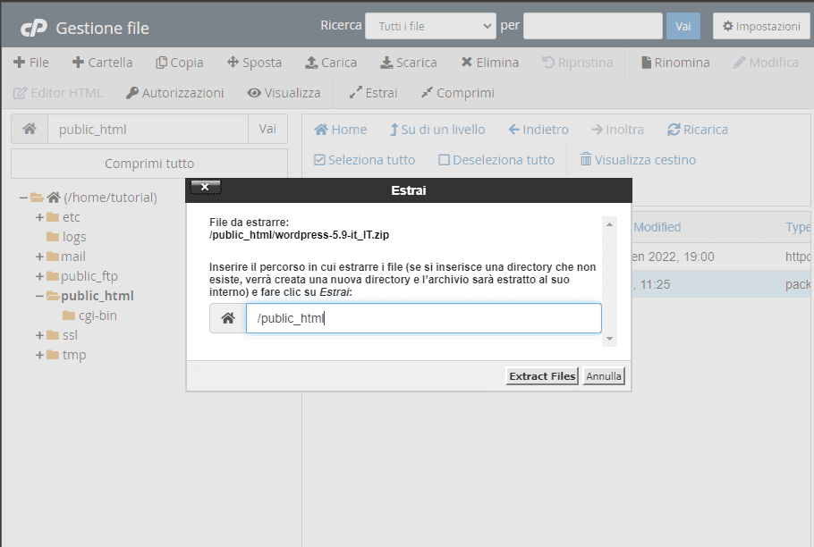 Finestra «Estrai» di cPanel per estrarre /public_html/wordpress-5.9-it_IT.zip, con il percorso di destinazione /public_html