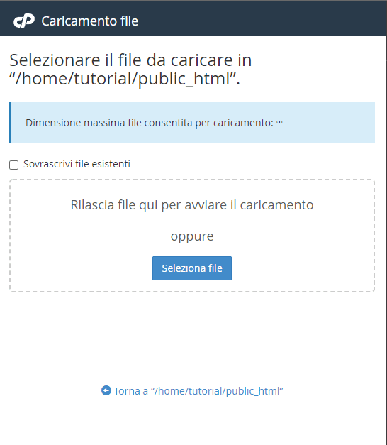 Finestra «Caricamento file» di cPanel per caricare in /home/tutorial/public_html, con l’area di rilascio e il pulsante «Seleziona file»