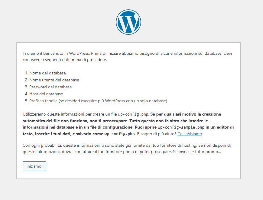 Schermata di benvenuto dell’installazione di WordPress con l’elenco dei dati del database richiesti e il pulsante «Iniziamo!»