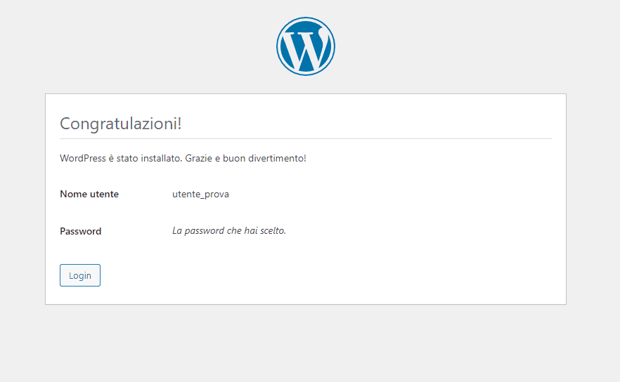 Schermata «Congratulazioni!» a installazione completata, con il nome utente scelto e il pulsante Login