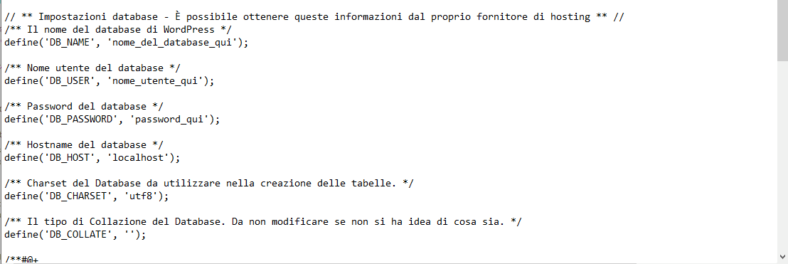 Porzione di wp-config.php con le costanti DB_NAME, DB_USER, DB_PASSWORD e DB_HOST da compilare