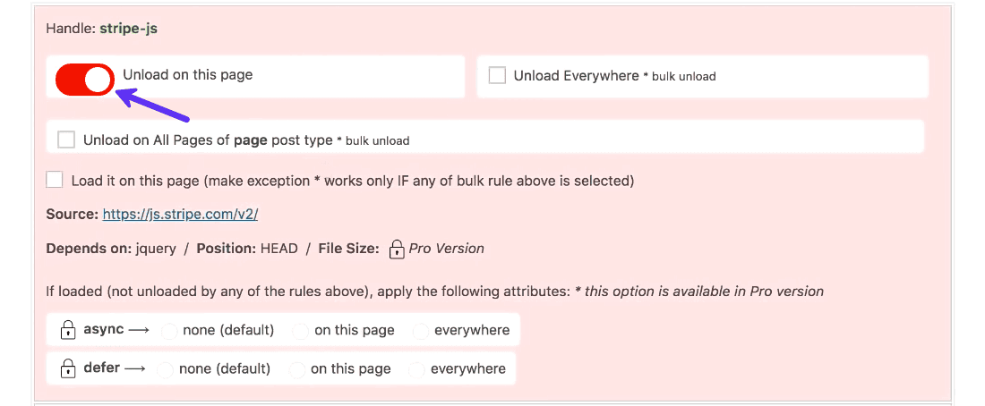 Regola di Asset CleanUp per lo script stripe-js, con l’interruttore «Unload on this page» attivo