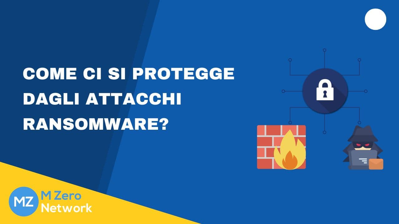 Copertina «Come ci si protegge dagli attacchi ransomware?», con le icone di un lucchetto, di un firewall in fiamme e di un malintenzionato al computer