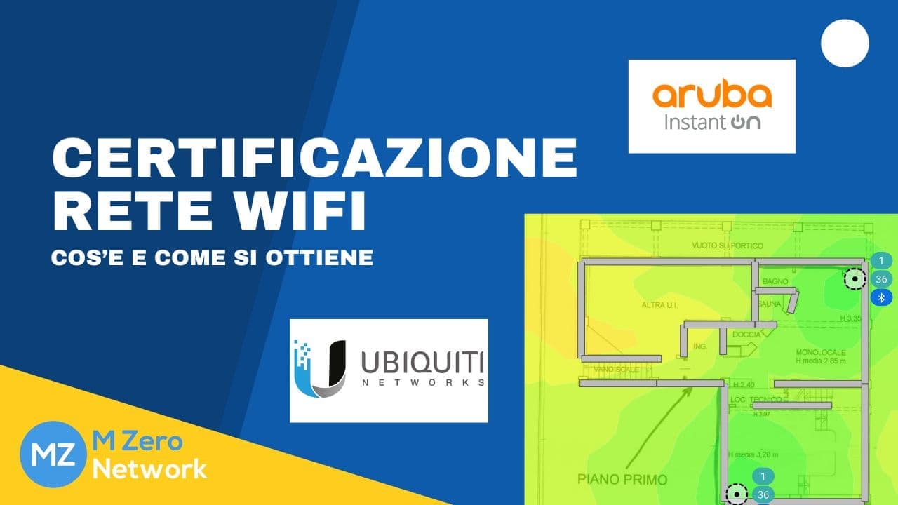 Copertina «Certificazione rete WiFi: cos’è e come si ottiene», con una planimetria dei punti d’accesso e i loghi Aruba e Ubiquiti