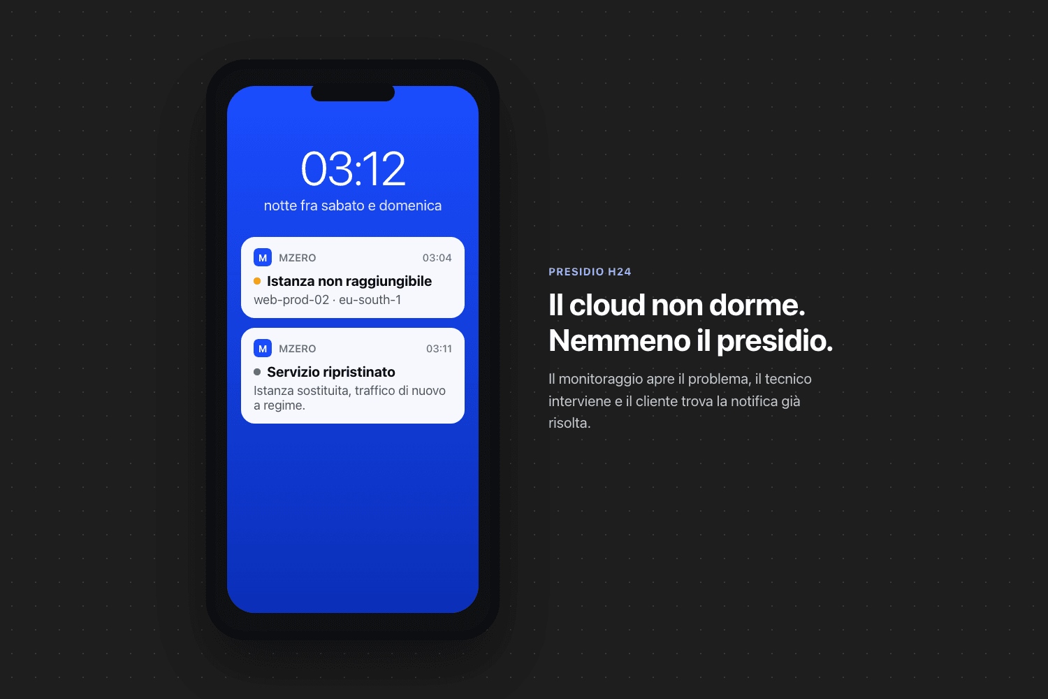 Schermata di uno smartphone alle 03:12 con le notifiche: «Istanza non raggiungibile» e «Servizio ripristinato»