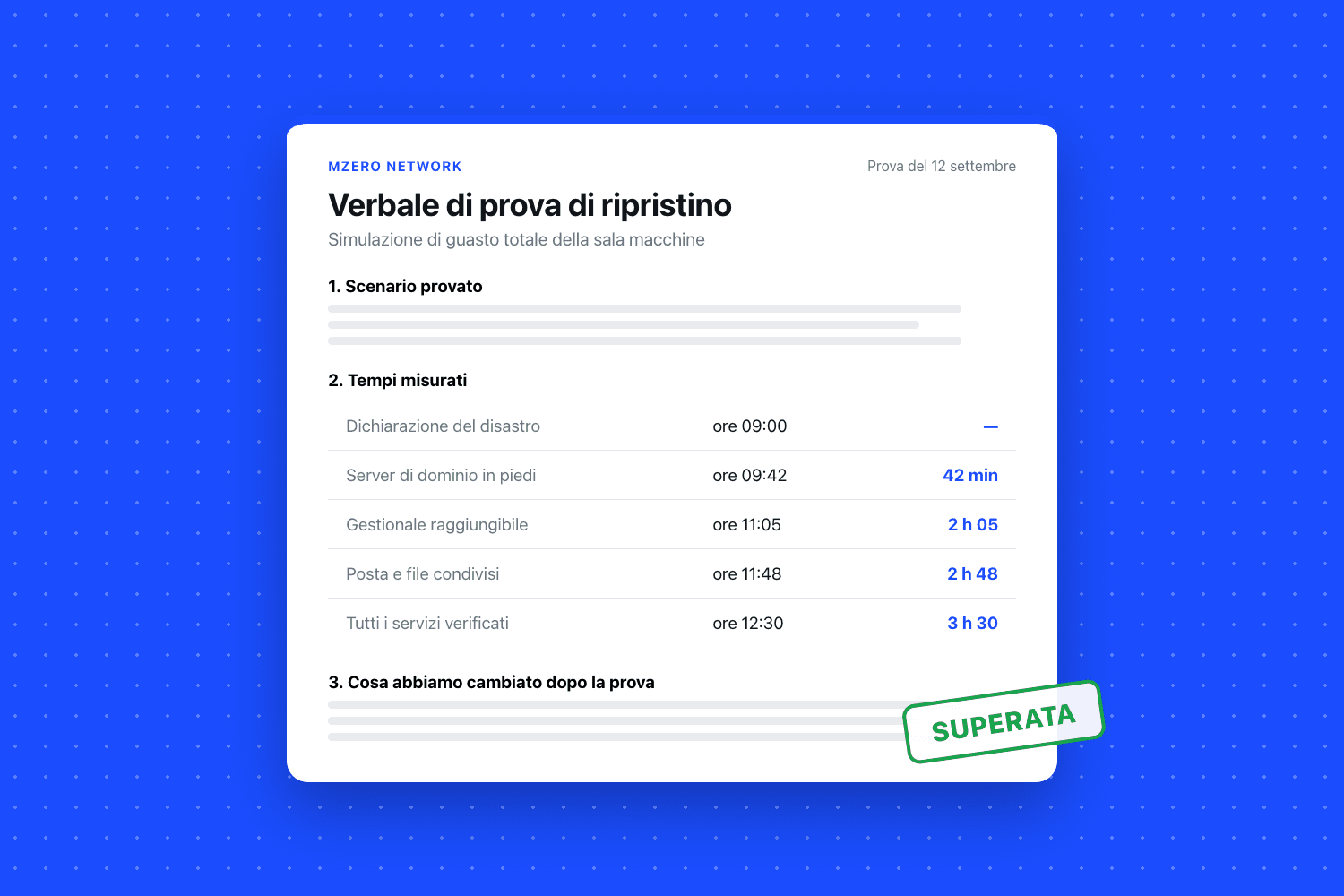 Documento «Verbale di prova di ripristino» — Simulazione di guasto totale della sala macchine, con il dimensionamento: dichiarazione del disastro —, server di dominio in piedi 42 min e gestionale raggiungibile 2 h 05, timbrato «SUPERATA»