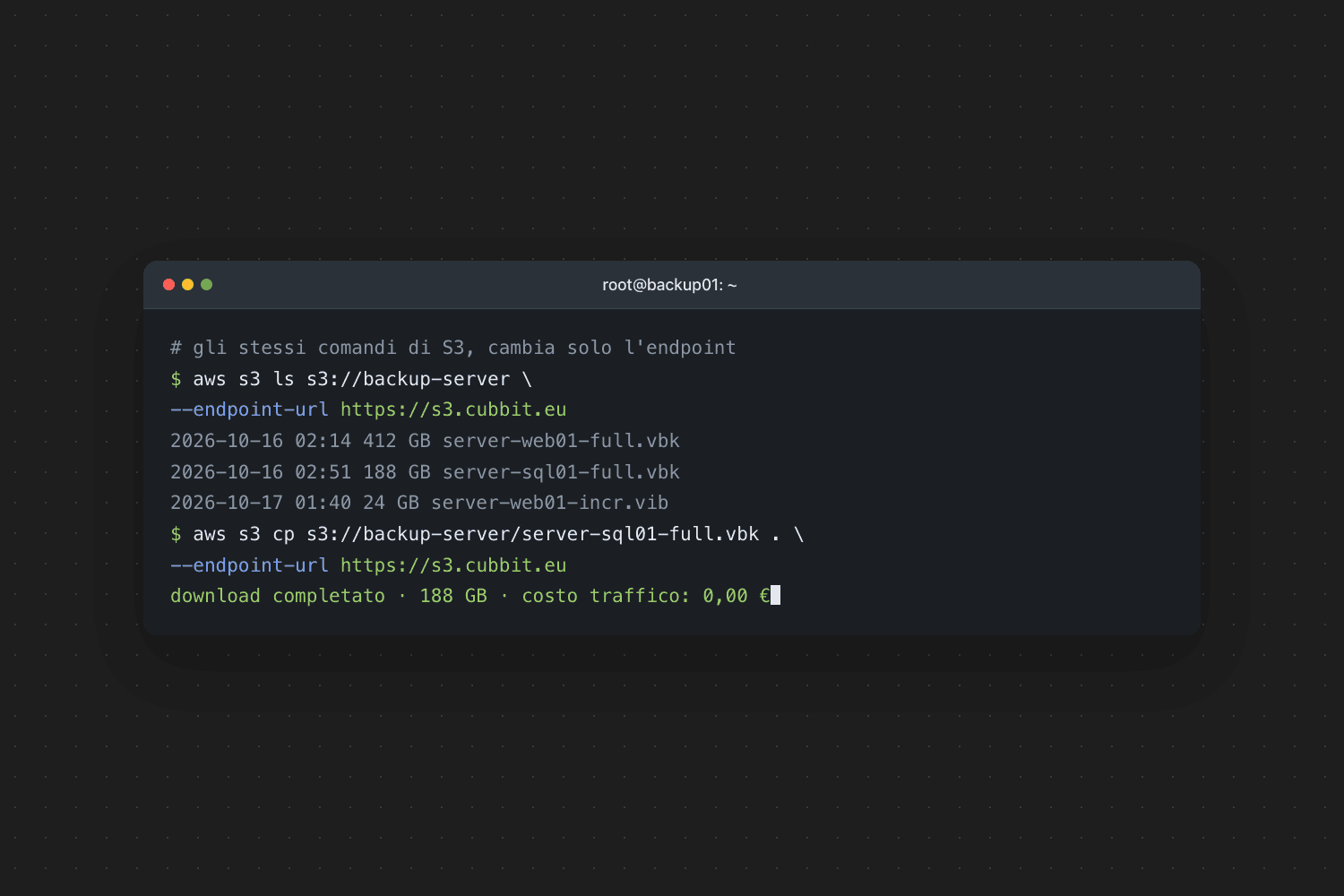 Finestra di terminale (root@backup01: ~) con i comandi usati e il loro esito