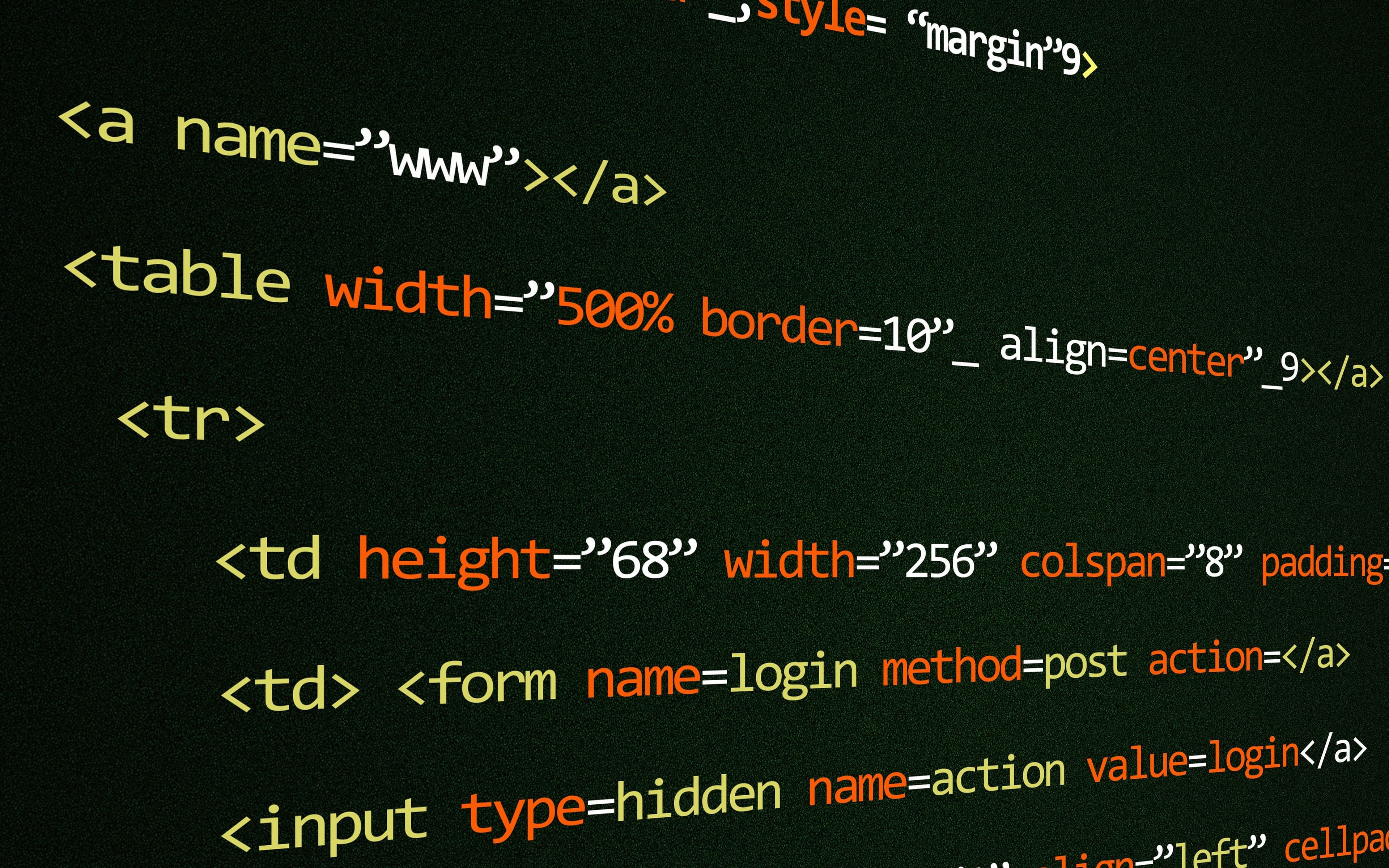 Codice HTML colorato su sfondo scuro, con i tag table, tr, td e un modulo di login
