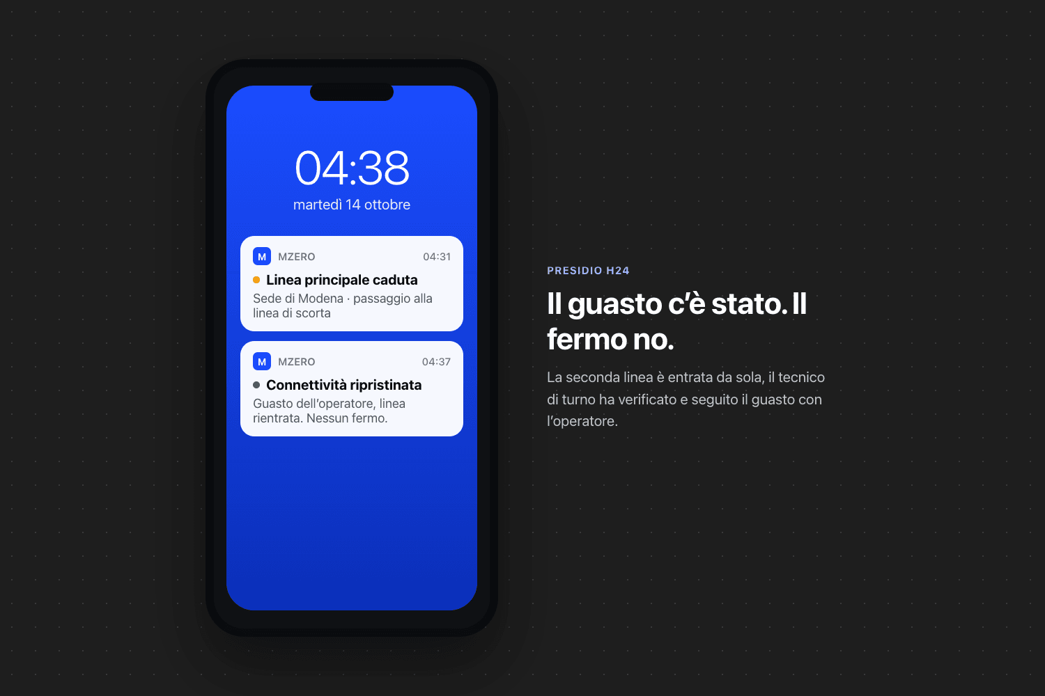 Schermata di uno smartphone alle 04:38 con le notifiche: «Linea principale caduta» e «Connettività ripristinata»