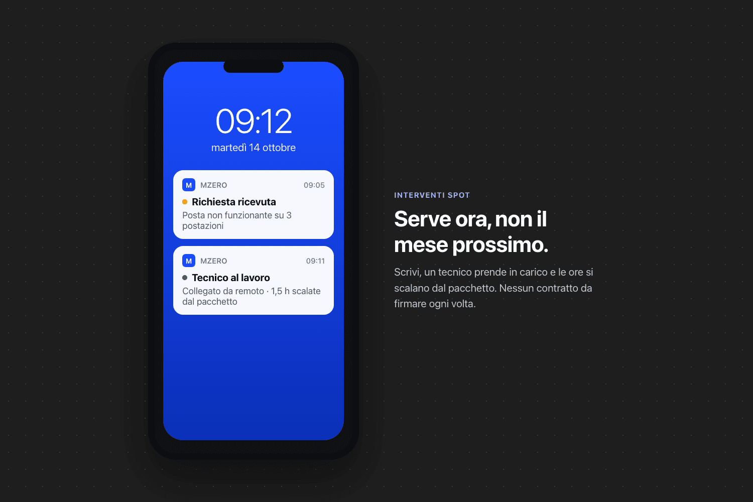 Schermata di uno smartphone alle 09:12 con le notifiche: «Richiesta ricevuta» e «Tecnico al lavoro»