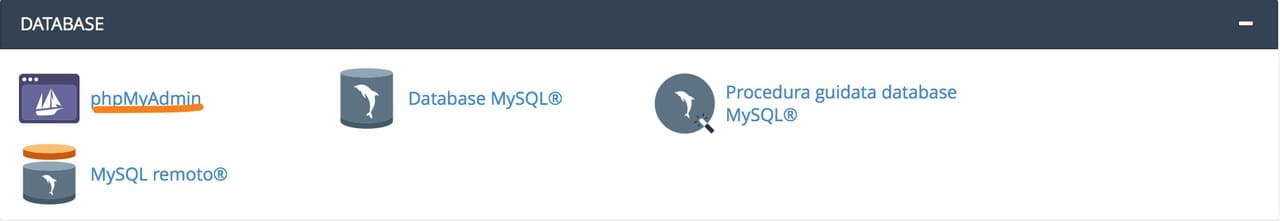 Sezione Database di cPanel con il collegamento phpMyAdmin evidenziato