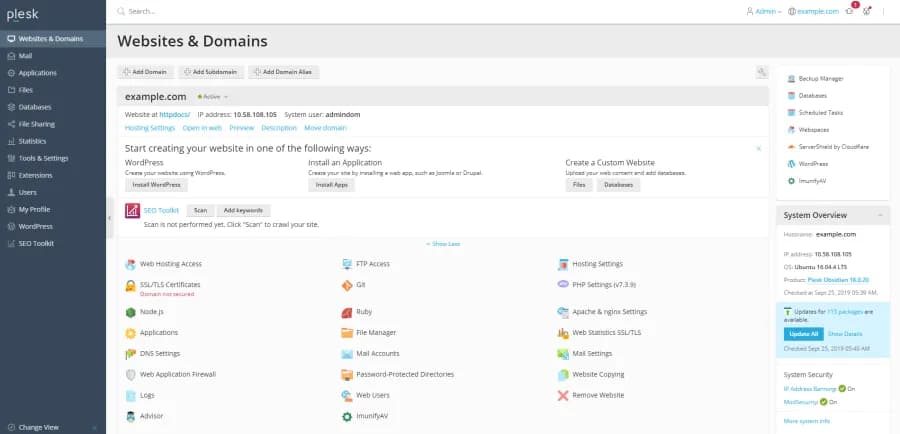 Pannello «Websites & Domains» di Plesk con un dominio di esempio e gli strumenti disponibili