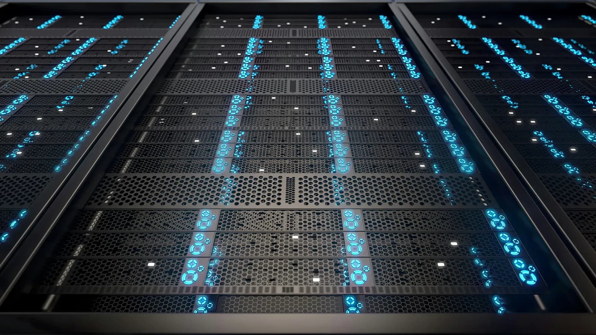 Armadi server visti dall’alto, con spie luminose blu